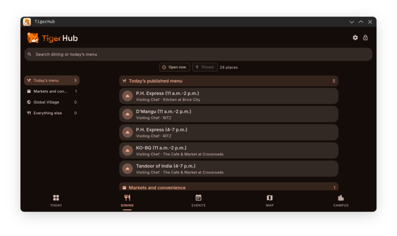 TigerHub desktop dining view with campus locations, menus, search, and navigation