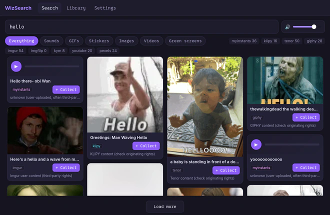 WizSearch desktop results view with source filters, media previews, attribution, and collection controls